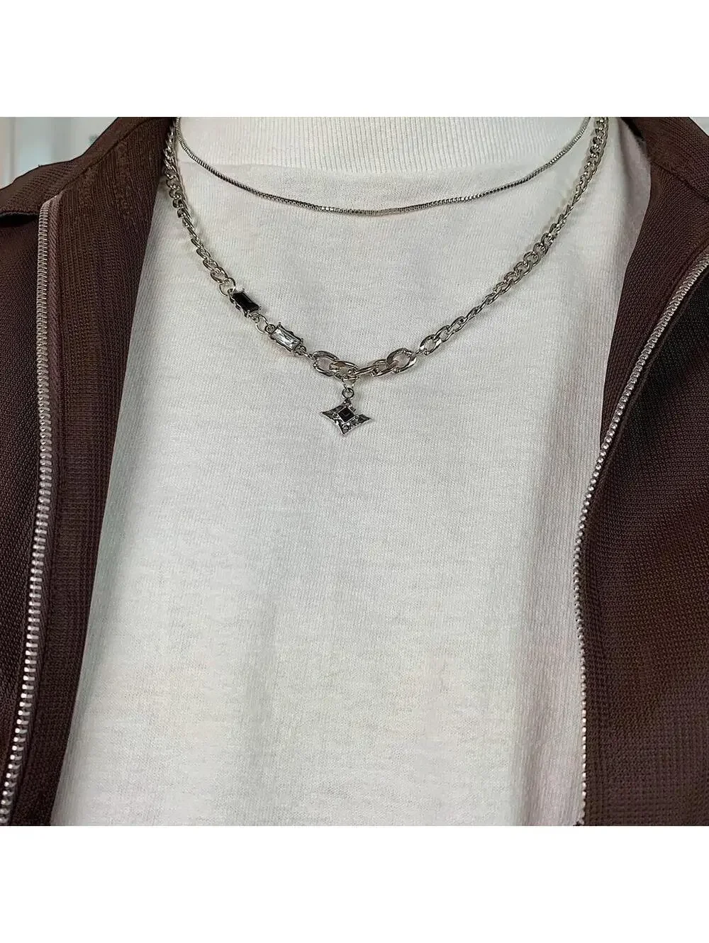Y2k grunge cyber silver black opal star pendant Cuban link layered chain necklac